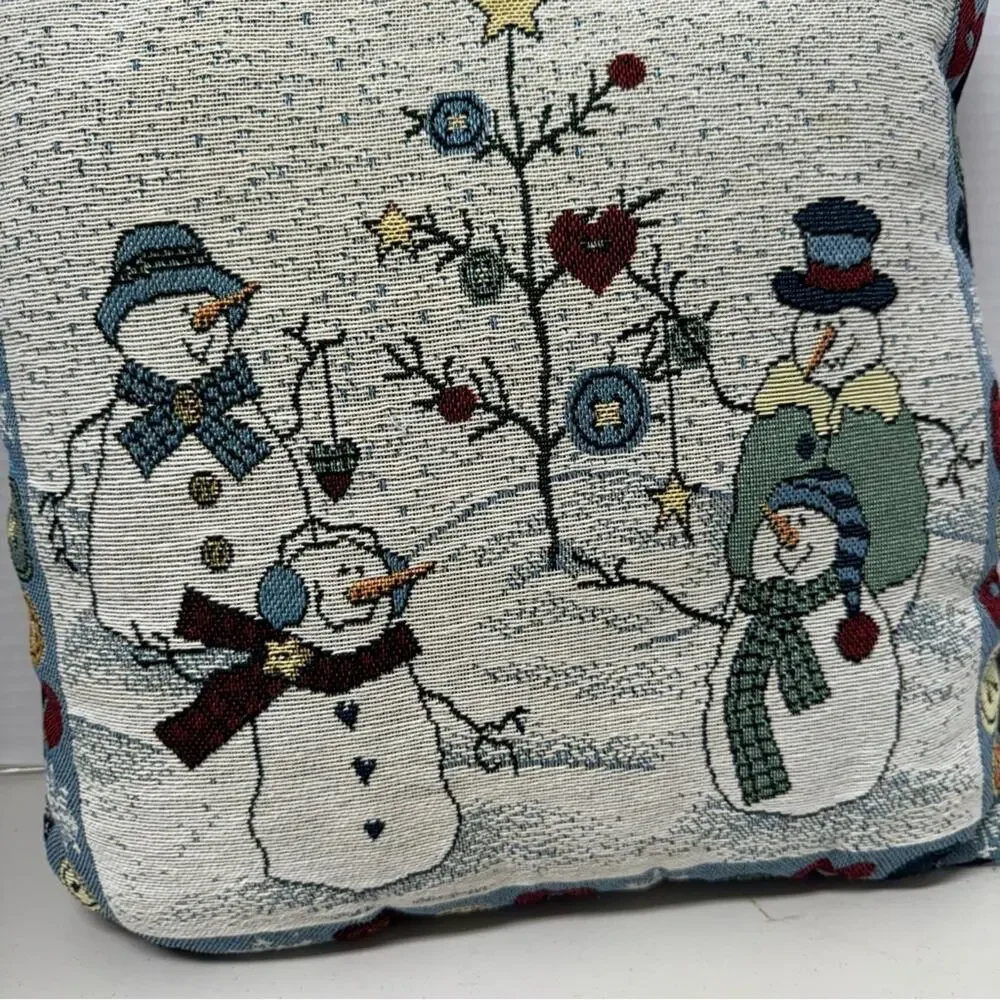 Vintage Needlepoint Snowman Christmas Holiday Pillow Accent Blue White 90s